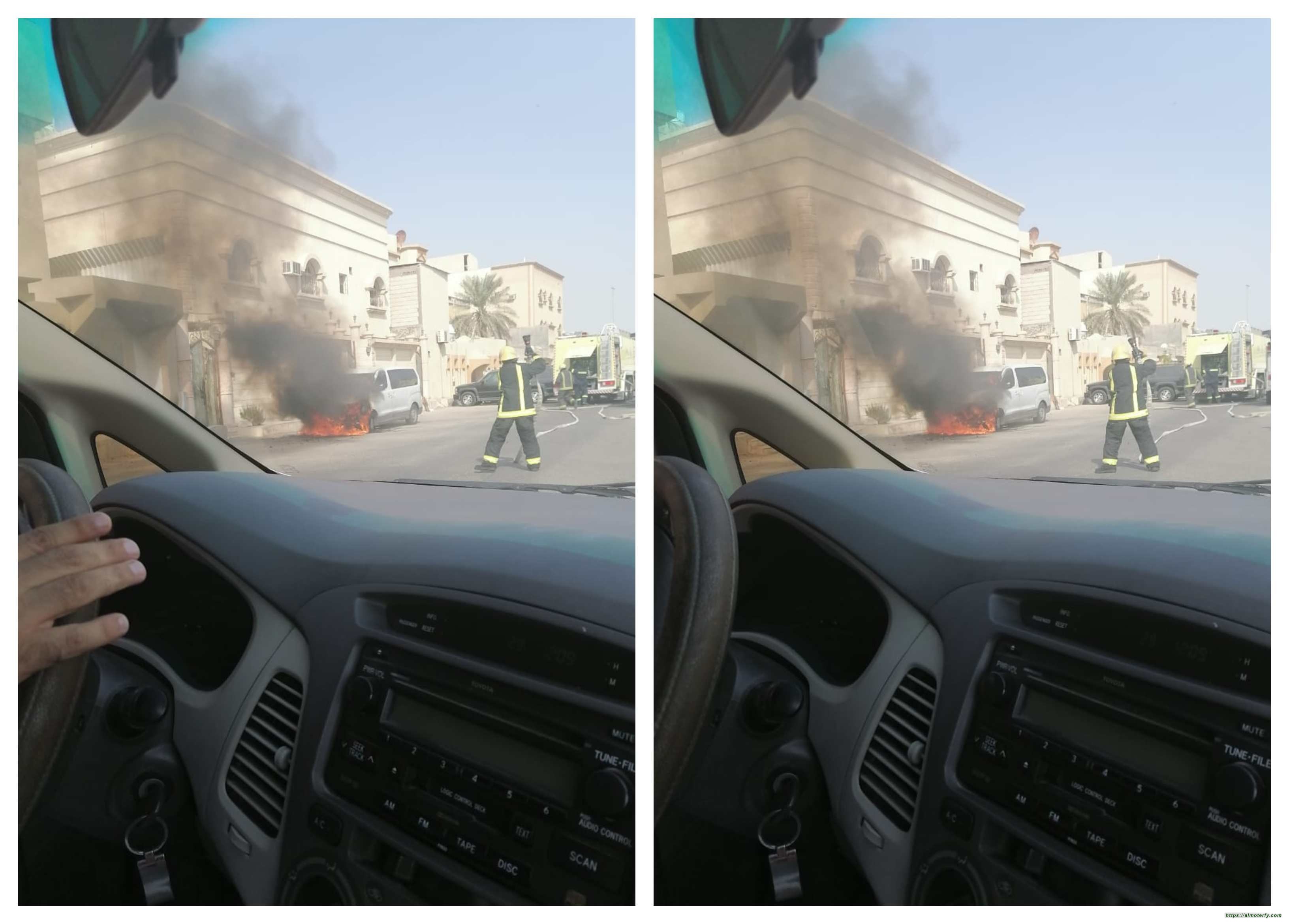 اندلع حريق في سيارة عائلية متوقفة أمام عمارة سكنية في حي الملك فهد بالهفوف